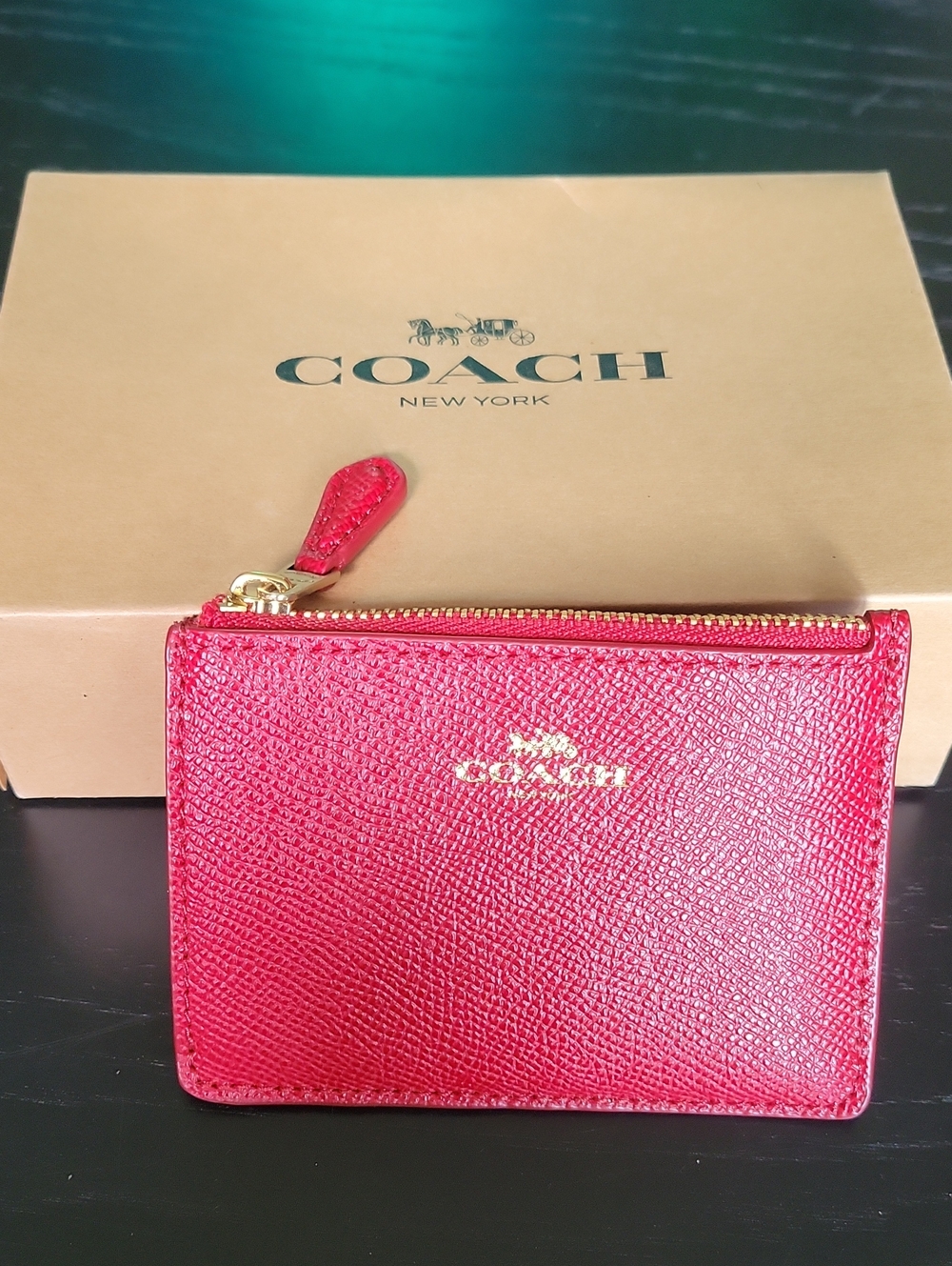 Coach Red Textured Leather Zip Card Holder with Gold Tone Logo